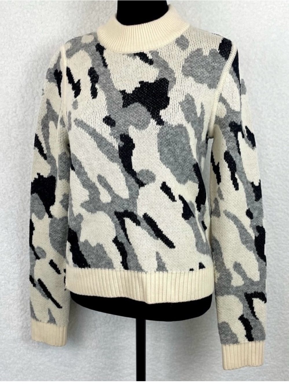 Veronica Beard Ivory, Gray & Black Camo Turtleneck Sweater